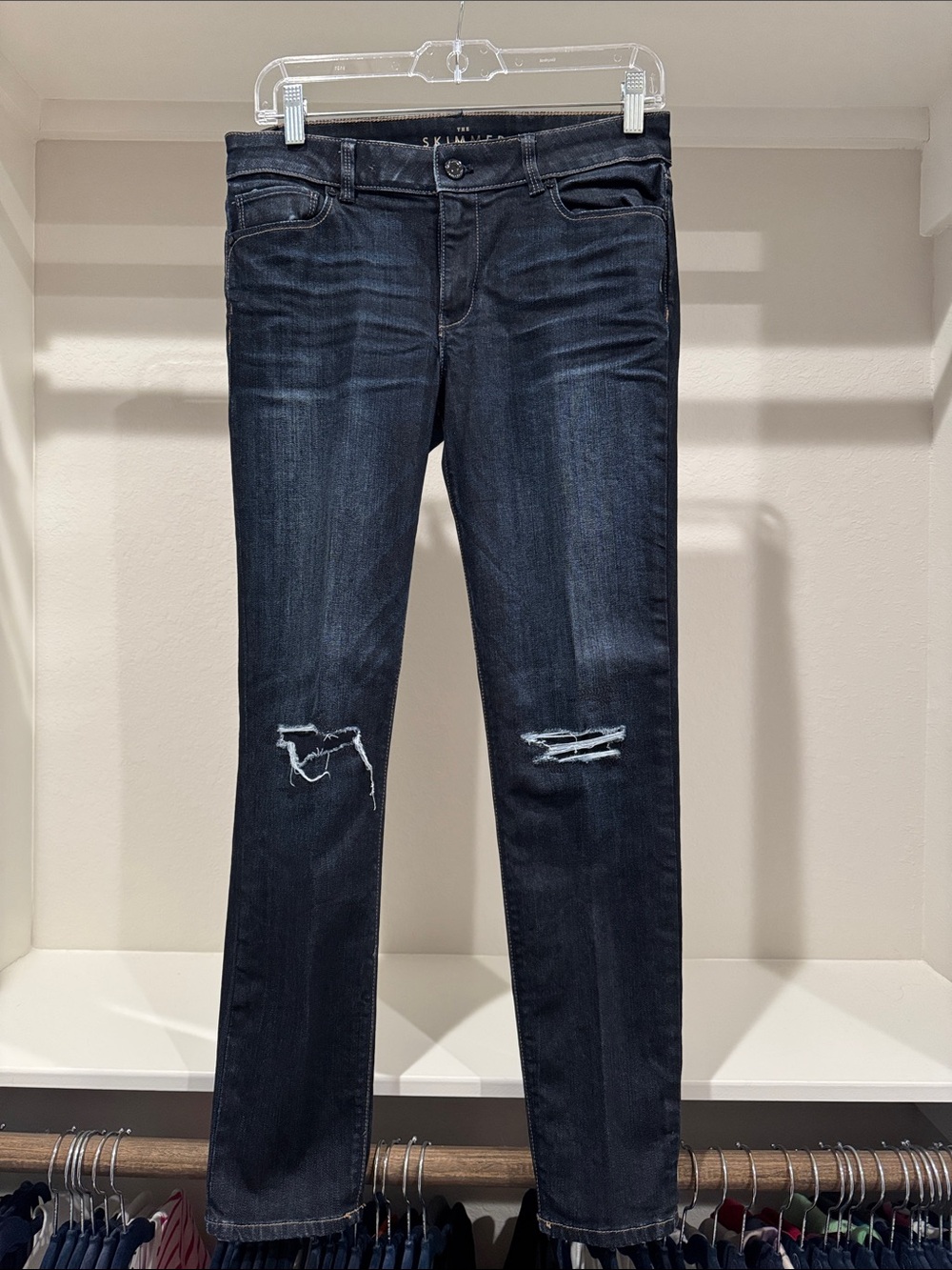 White House Black Market Dark Indigo Straight Leg Jeans with Knee Rips